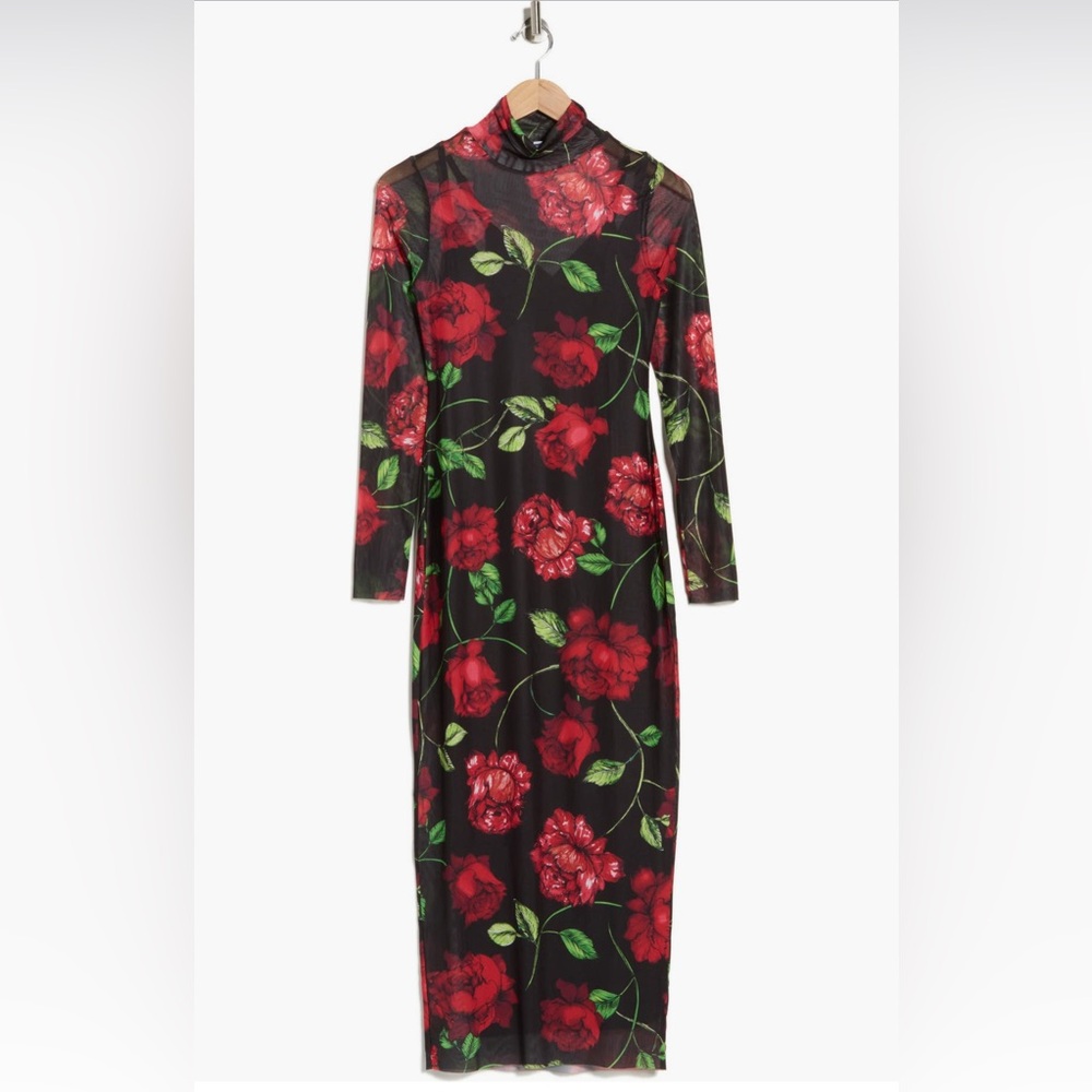 AFRM Mesh Black and Red Floral Roses Midi Dress